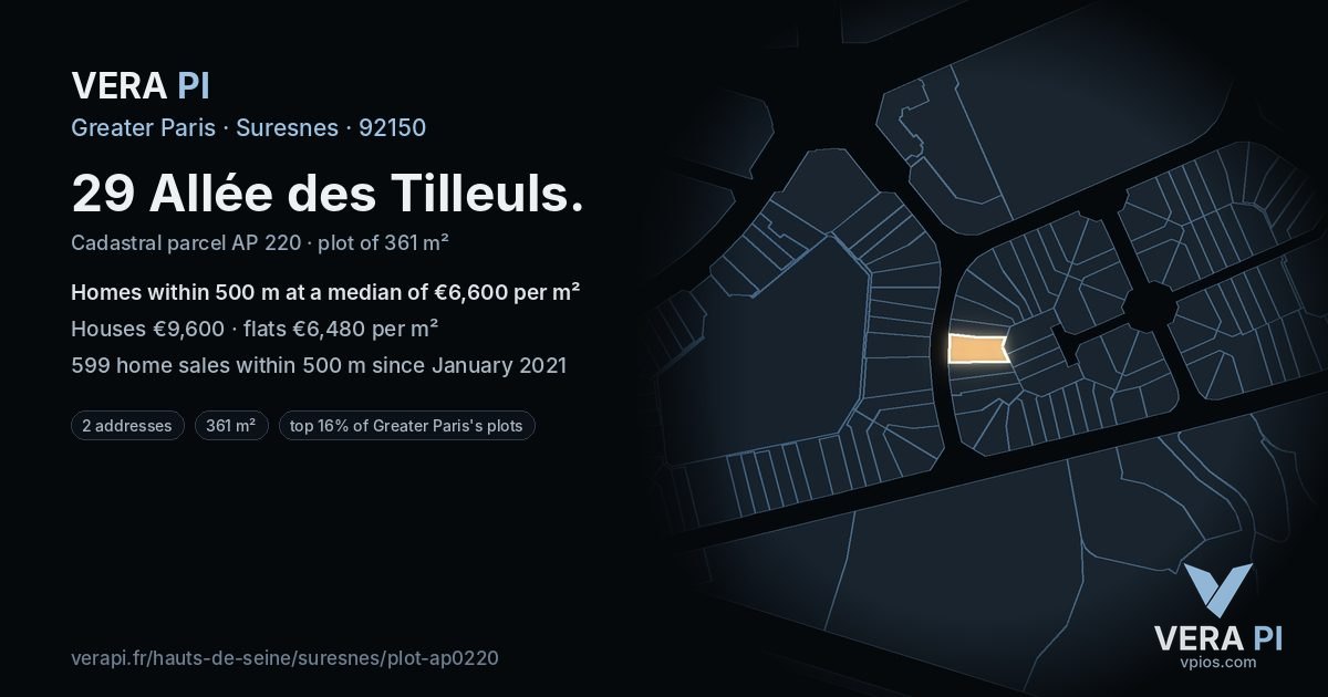 29 Allée des Tilleuls, Suresnes at night – the plot lit, the parcels around coloured by the prices near them
