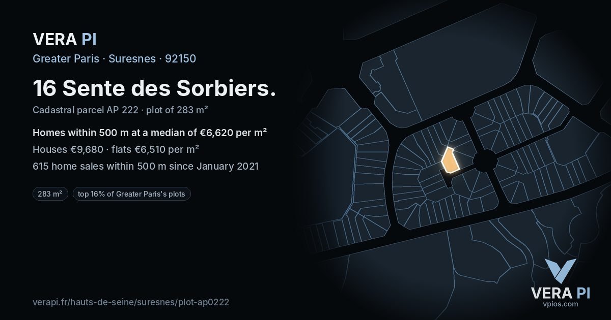16 Sente des Sorbiers, Suresnes at night – the plot lit, the parcels around coloured by the prices near them