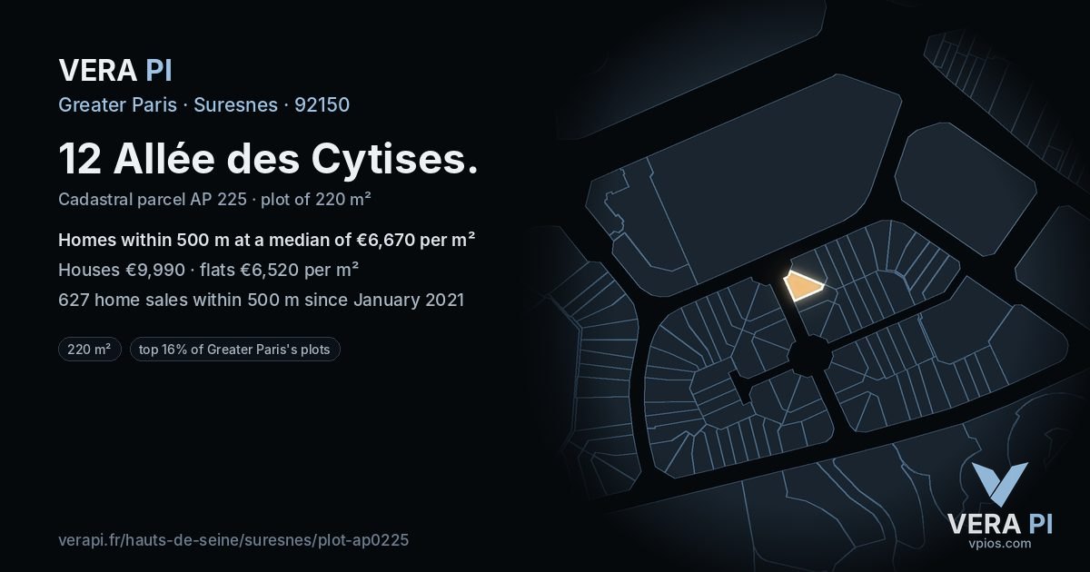 12 Allée des Cytises, Suresnes at night – the plot lit, the parcels around coloured by the prices near them