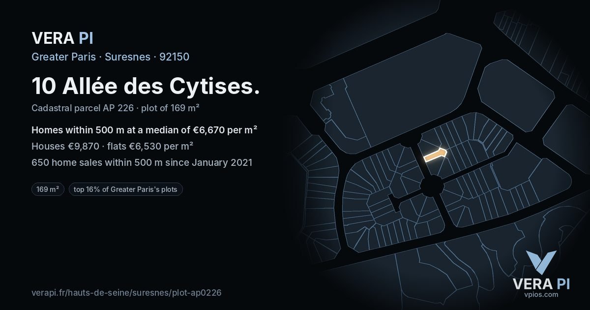10 Allée des Cytises, Suresnes at night – the plot lit, the parcels around coloured by the prices near them