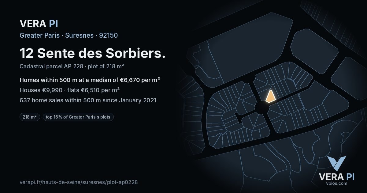 12 Sente des Sorbiers, Suresnes at night – the plot lit, the parcels around coloured by the prices near them