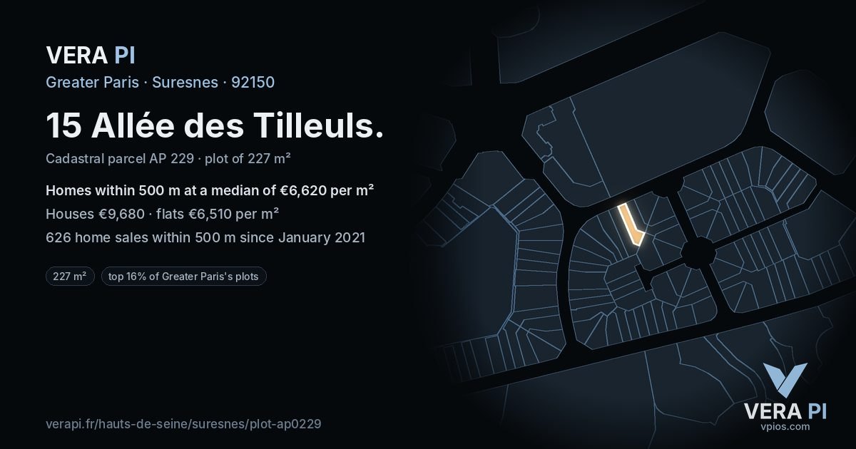 15 Allée des Tilleuls, Suresnes at night – the plot lit, the parcels around coloured by the prices near them