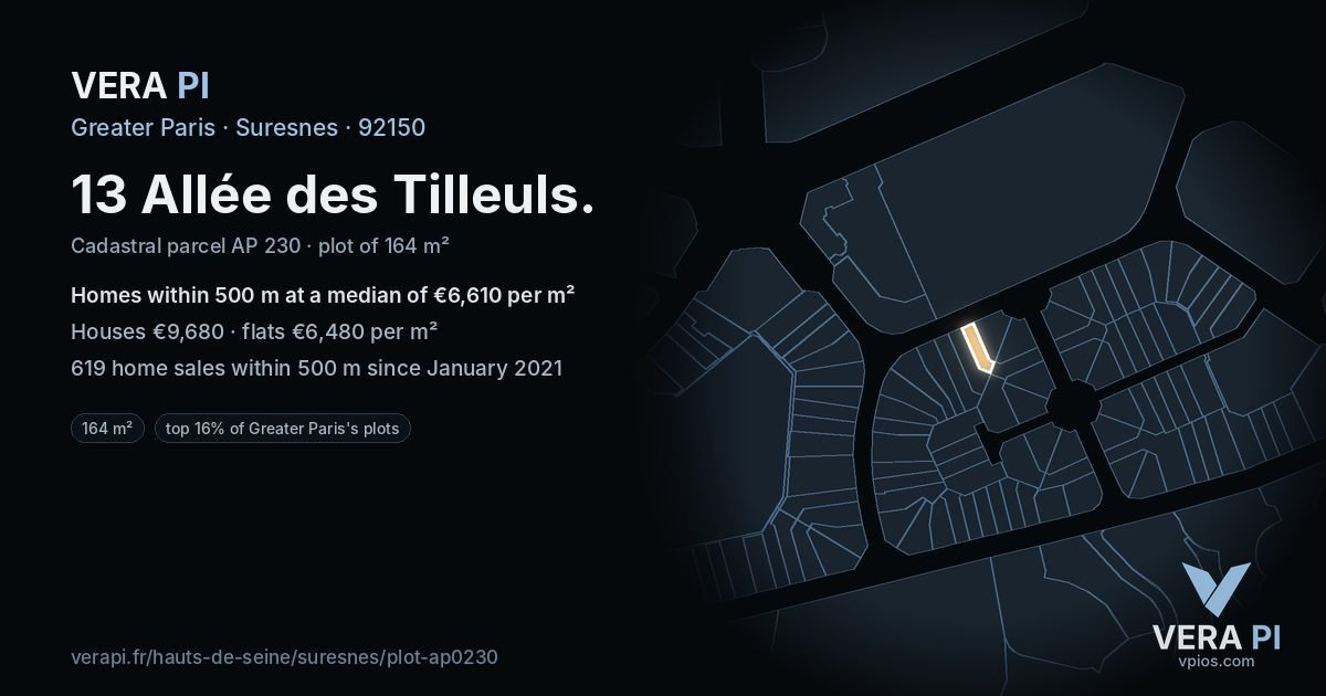 13 Allée des Tilleuls, Suresnes at night – the plot lit, the parcels around coloured by the prices near them