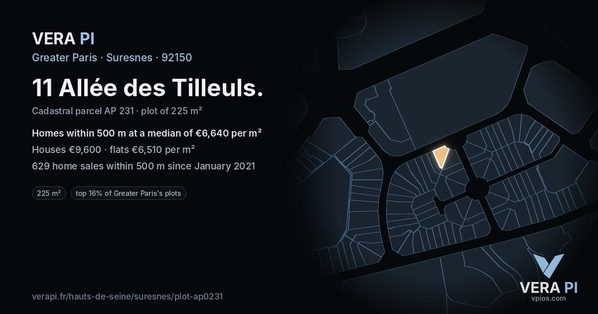 11 Allée des Tilleuls, Suresnes at night – the plot lit, the parcels around coloured by the prices near them