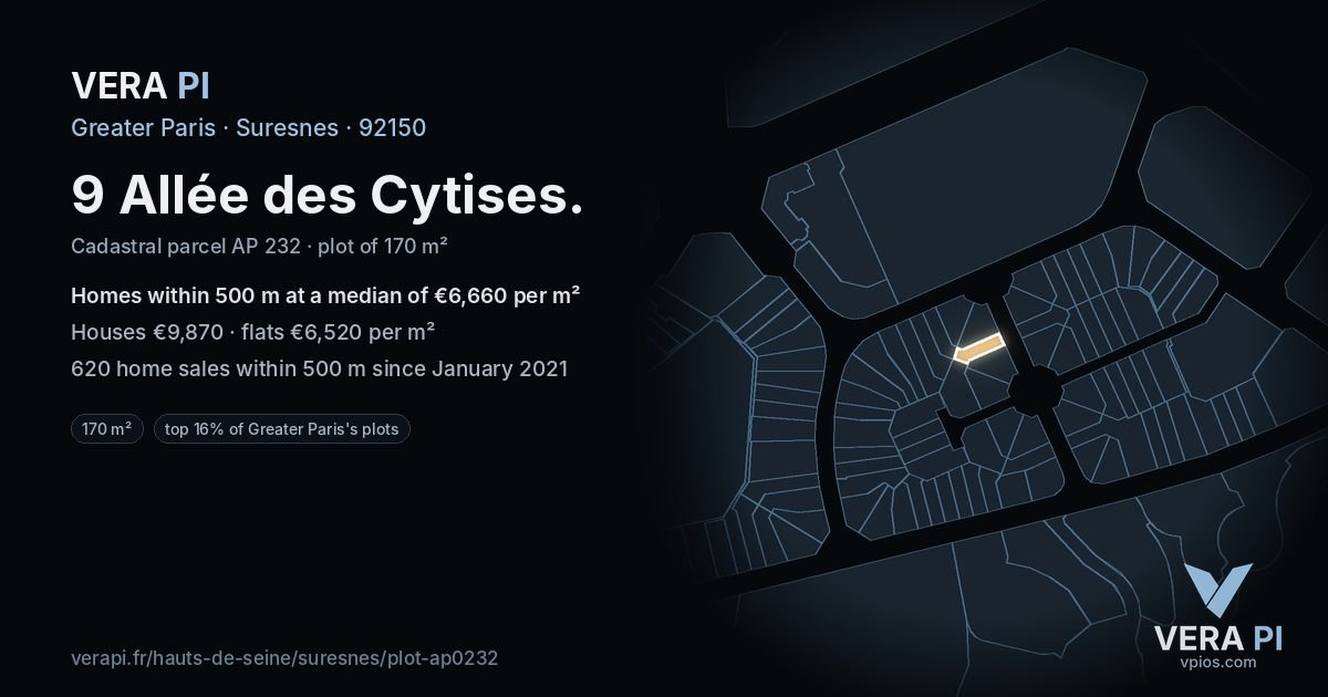 9 Allée des Cytises, Suresnes at night – the plot lit, the parcels around coloured by the prices near them
