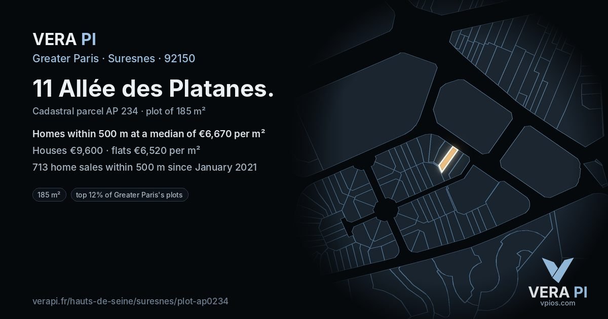 11 Allée des Platanes, Suresnes at night – the plot lit, the parcels around coloured by the prices near them