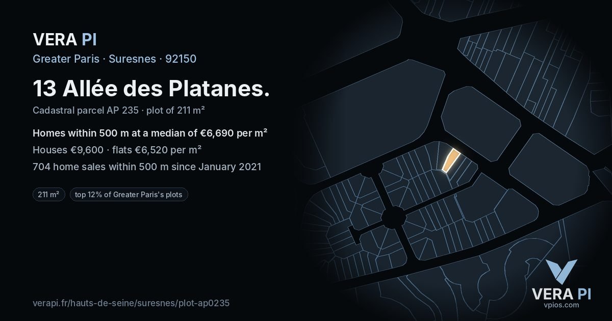 13 Allée des Platanes, Suresnes at night – the plot lit, the parcels around coloured by the prices near them