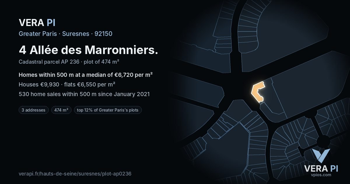 4 Allée des Marronniers, Suresnes at night – the plot lit, the parcels around coloured by the prices near them
