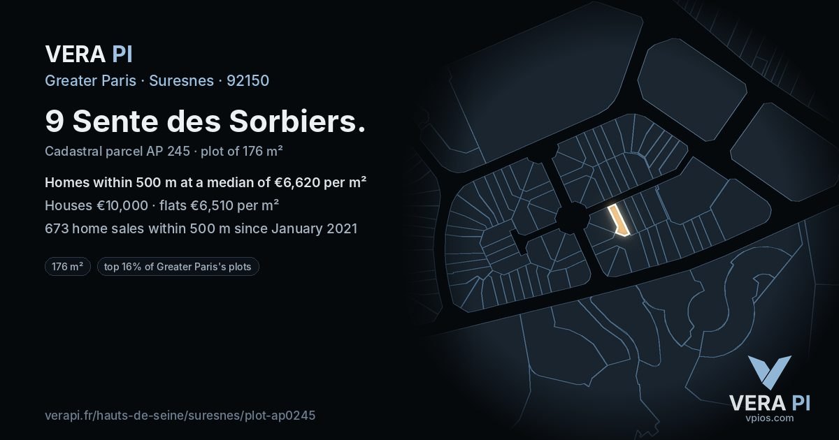 9 Sente des Sorbiers, Suresnes at night – the plot lit, the parcels around coloured by the prices near them