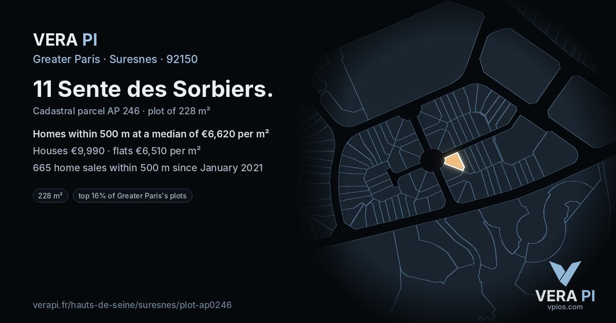 11 Sente des Sorbiers, Suresnes at night – the plot lit, the parcels around coloured by the prices near them
