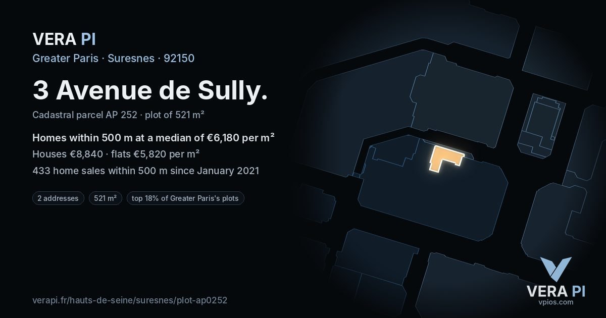 3 Avenue de Sully, Suresnes at night – the plot lit, the parcels around coloured by the prices near them