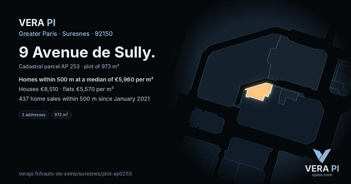 9 Avenue de Sully, Suresnes at night – the plot lit, the parcels around coloured by the prices near them