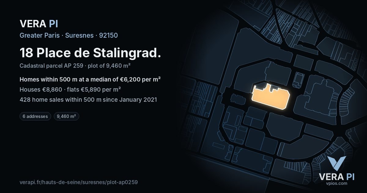 18 Place de Stalingrad, Suresnes at night – the plot lit, the parcels around coloured by the prices near them