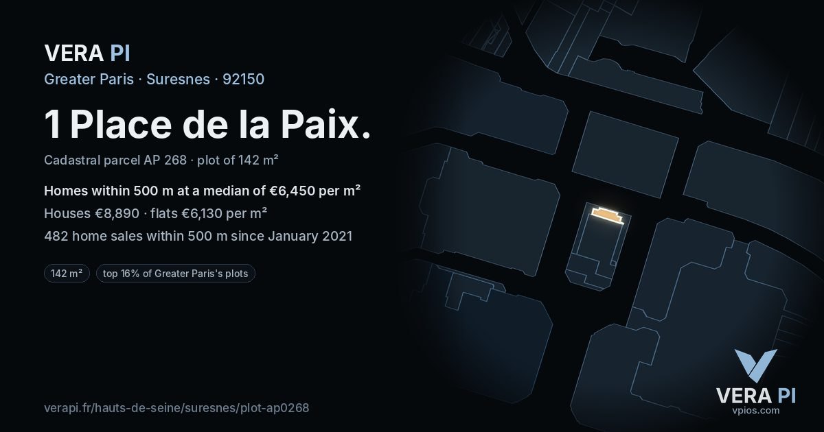 1 Place de la Paix, Suresnes at night – the plot lit, the parcels around coloured by the prices near them