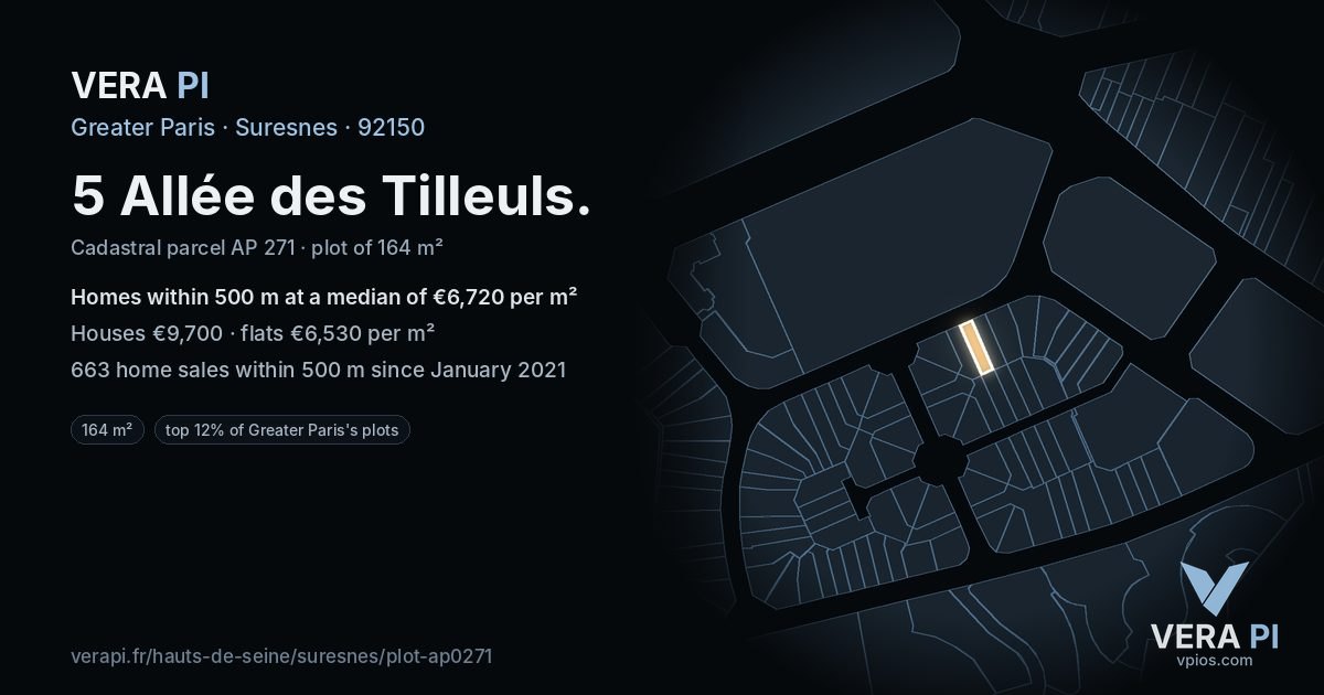 5 Allée des Tilleuls, Suresnes at night – the plot lit, the parcels around coloured by the prices near them