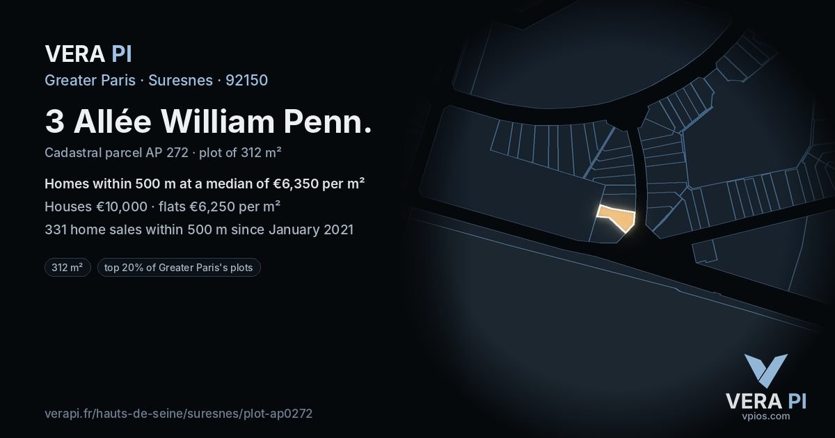 3 Allée William Penn, Suresnes at night – the plot lit, the parcels around coloured by the prices near them