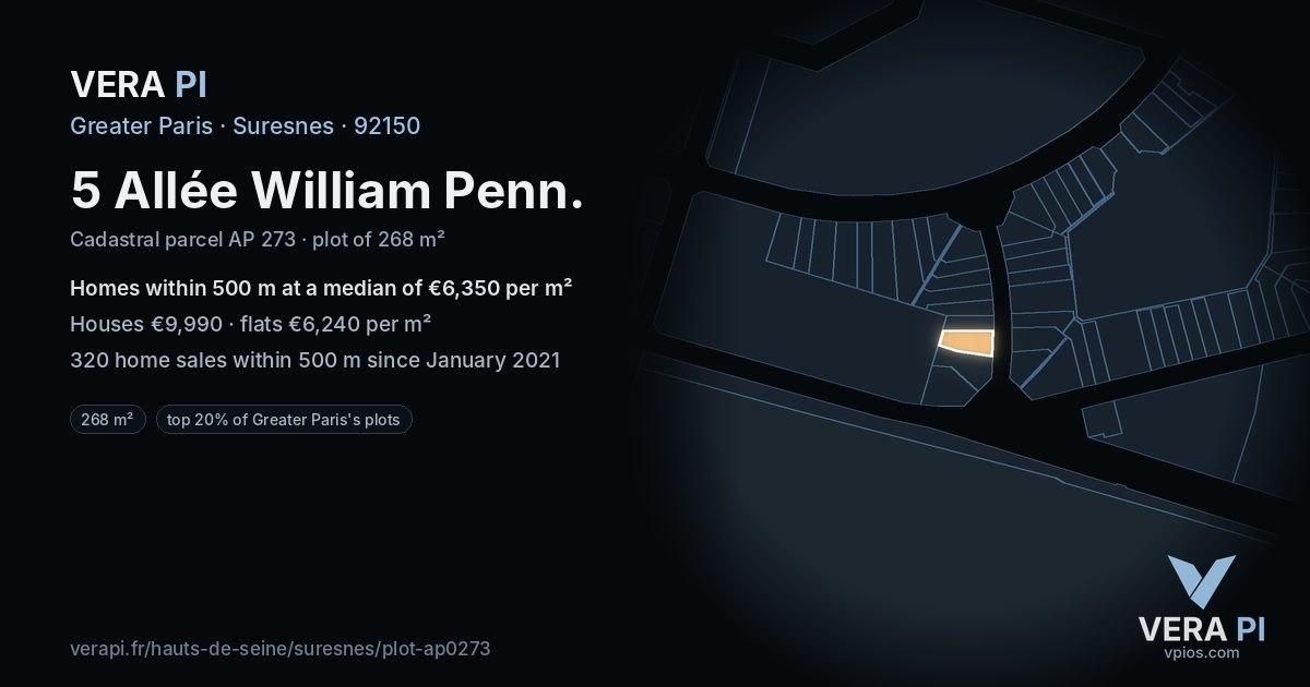5 Allée William Penn, Suresnes at night – the plot lit, the parcels around coloured by the prices near them