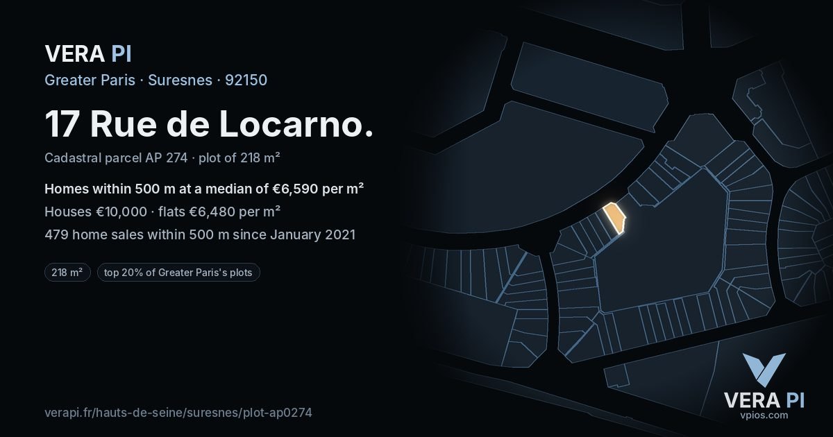 17 Rue de Locarno, Suresnes at night – the plot lit, the parcels around coloured by the prices near them