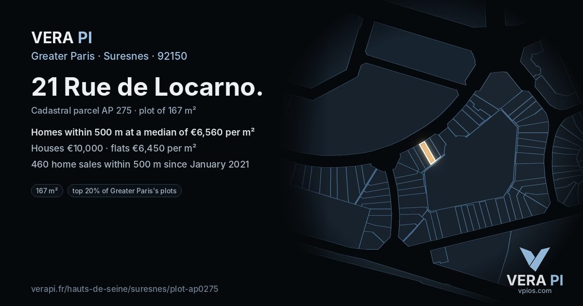 21 Rue de Locarno, Suresnes at night – the plot lit, the parcels around coloured by the prices near them
