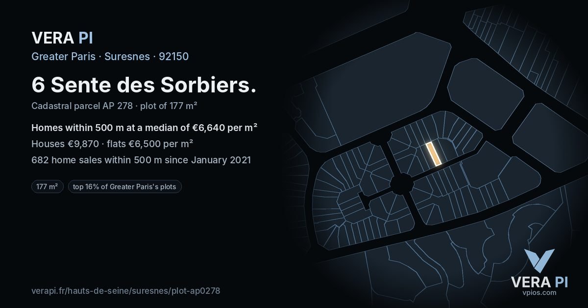 6 Sente des Sorbiers, Suresnes at night – the plot lit, the parcels around coloured by the prices near them