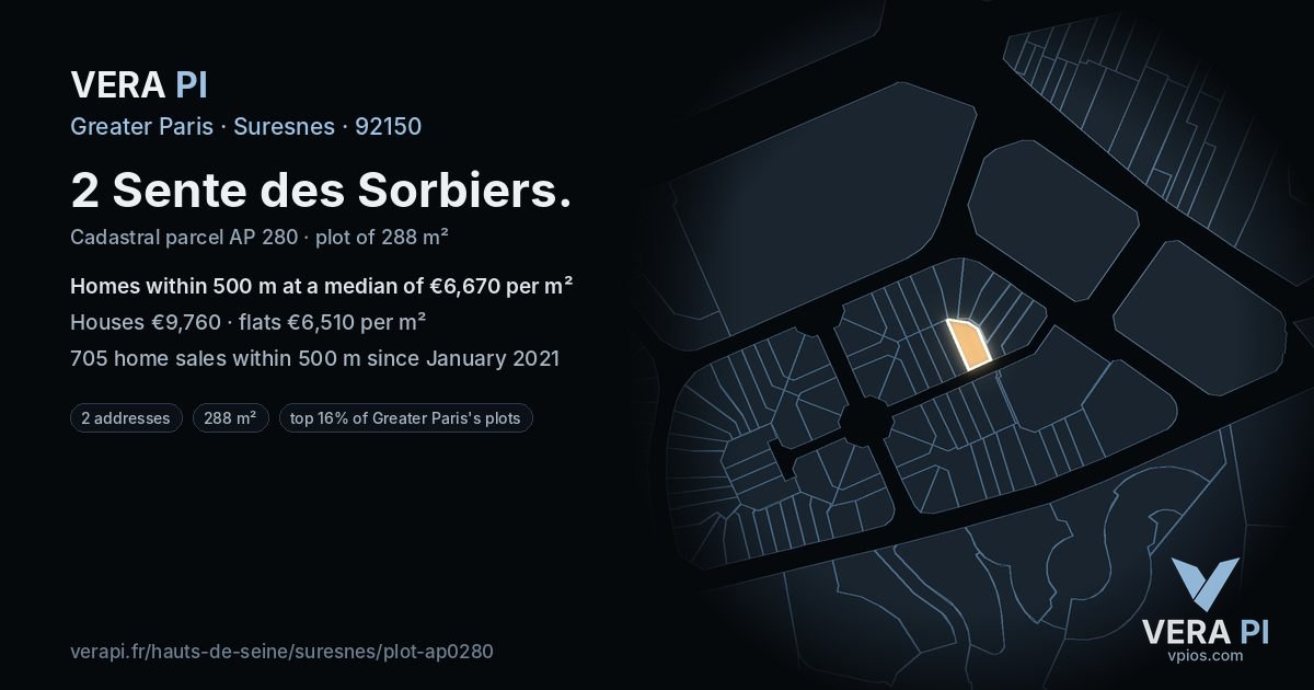 2 Sente des Sorbiers, Suresnes at night – the plot lit, the parcels around coloured by the prices near them