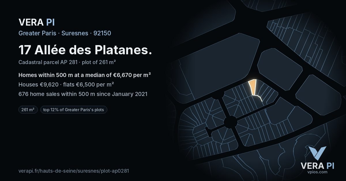17 Allée des Platanes, Suresnes at night – the plot lit, the parcels around coloured by the prices near them