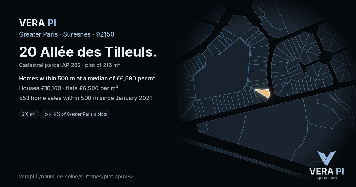 20 Allée des Tilleuls, Suresnes at night – the plot lit, the parcels around coloured by the prices near them