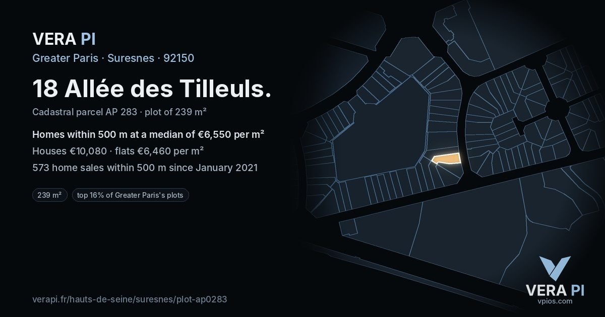 18 Allée des Tilleuls, Suresnes at night – the plot lit, the parcels around coloured by the prices near them