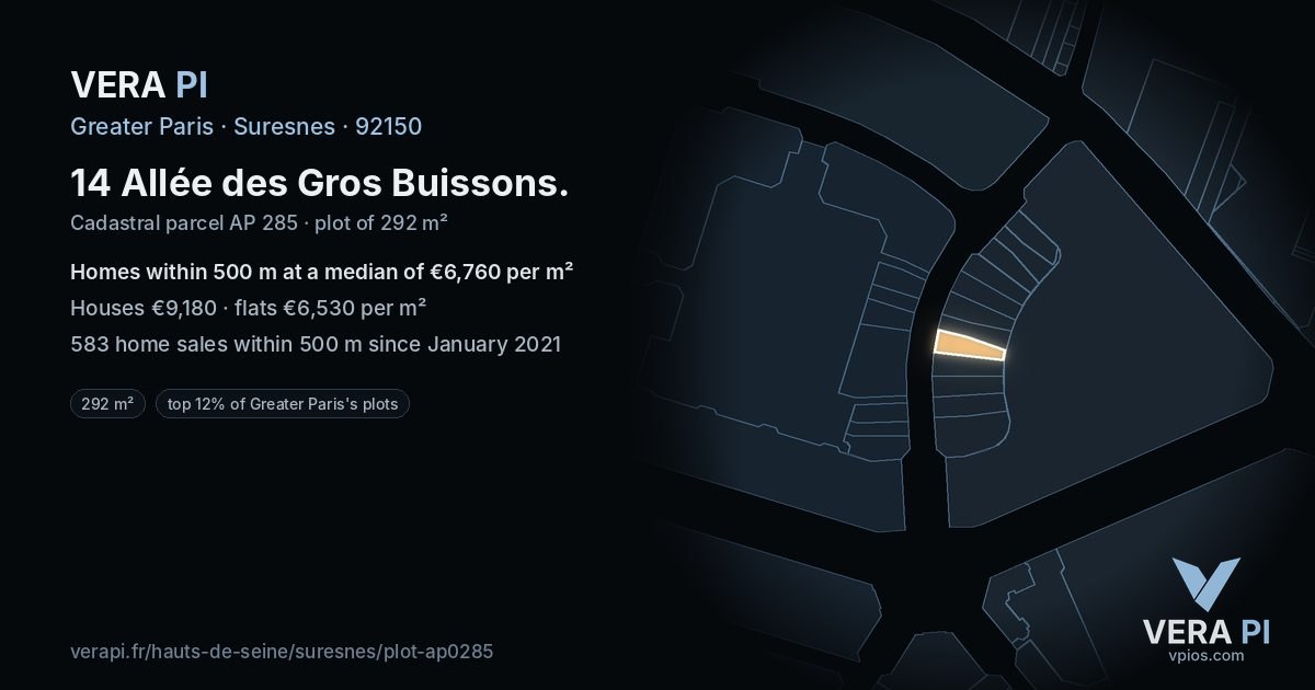 14 Allée des Gros Buissons, Suresnes at night – the plot lit, the parcels around coloured by the prices near them