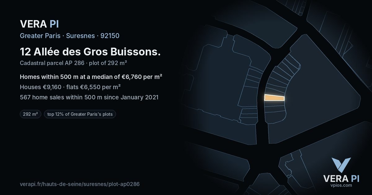 12 Allée des Gros Buissons, Suresnes at night – the plot lit, the parcels around coloured by the prices near them