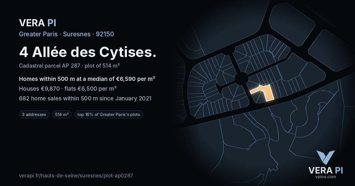 4 Allée des Cytises, Suresnes at night – the plot lit, the parcels around coloured by the prices near them