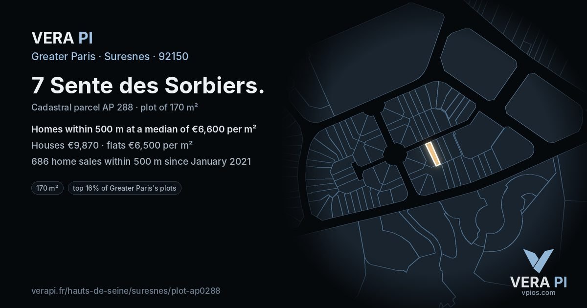 7 Sente des Sorbiers, Suresnes at night – the plot lit, the parcels around coloured by the prices near them