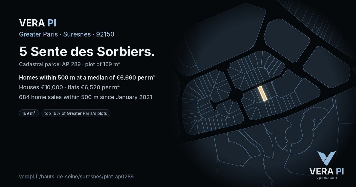 5 Sente des Sorbiers, Suresnes at night – the plot lit, the parcels around coloured by the prices near them