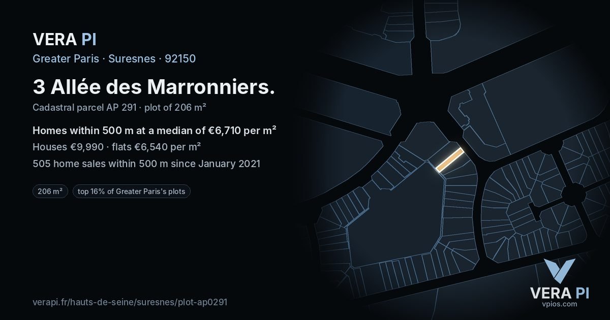 3 Allée des Marronniers, Suresnes at night – the plot lit, the parcels around coloured by the prices near them