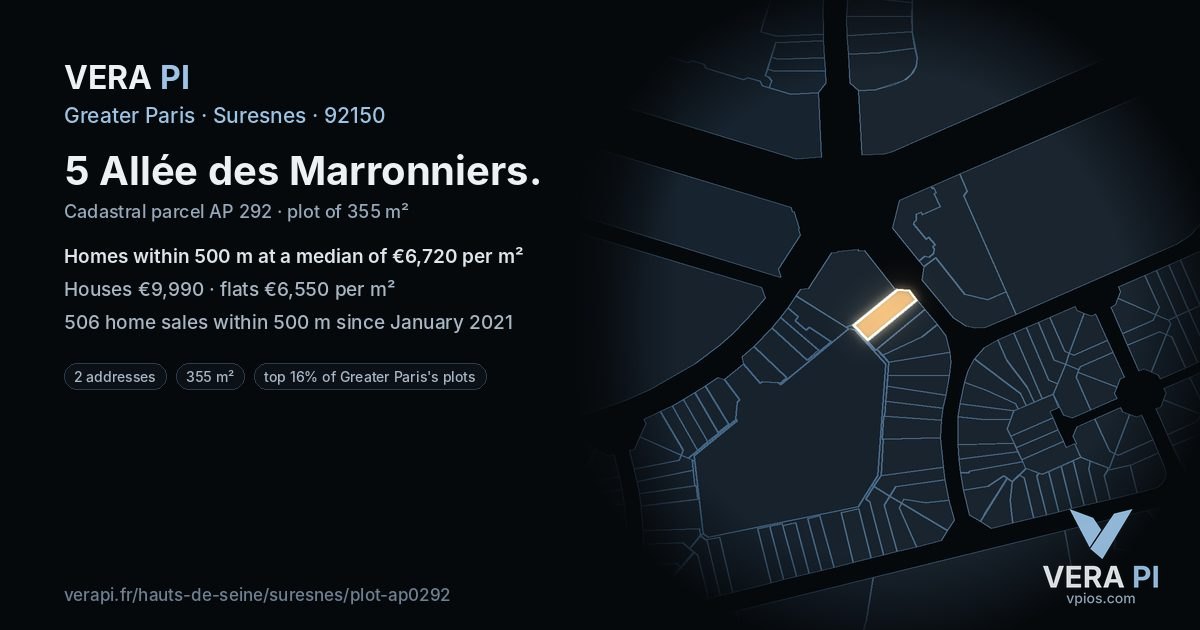 5 Allée des Marronniers, Suresnes at night – the plot lit, the parcels around coloured by the prices near them