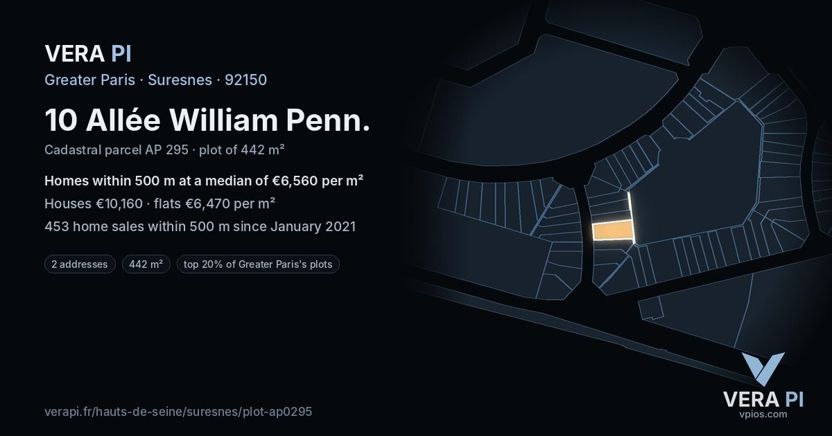 10 Allée William Penn, Suresnes at night – the plot lit, the parcels around coloured by the prices near them