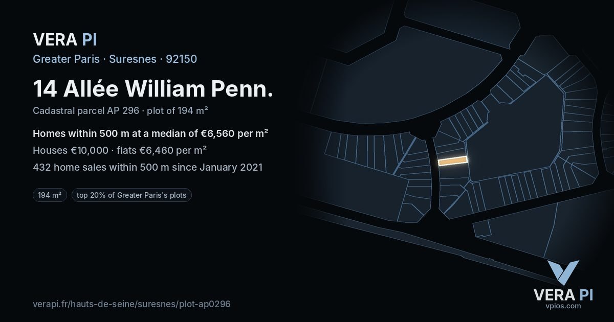 14 Allée William Penn, Suresnes at night – the plot lit, the parcels around coloured by the prices near them