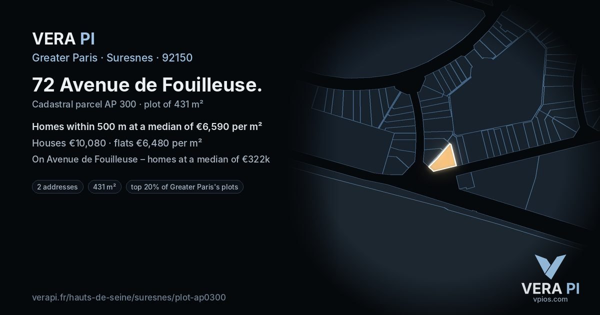 72 Avenue de Fouilleuse, Suresnes at night – the plot lit, the parcels around coloured by the prices near them