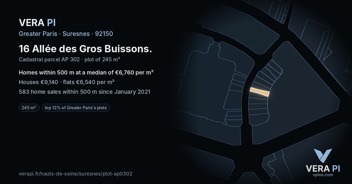 16 Allée des Gros Buissons, Suresnes at night – the plot lit, the parcels around coloured by the prices near them