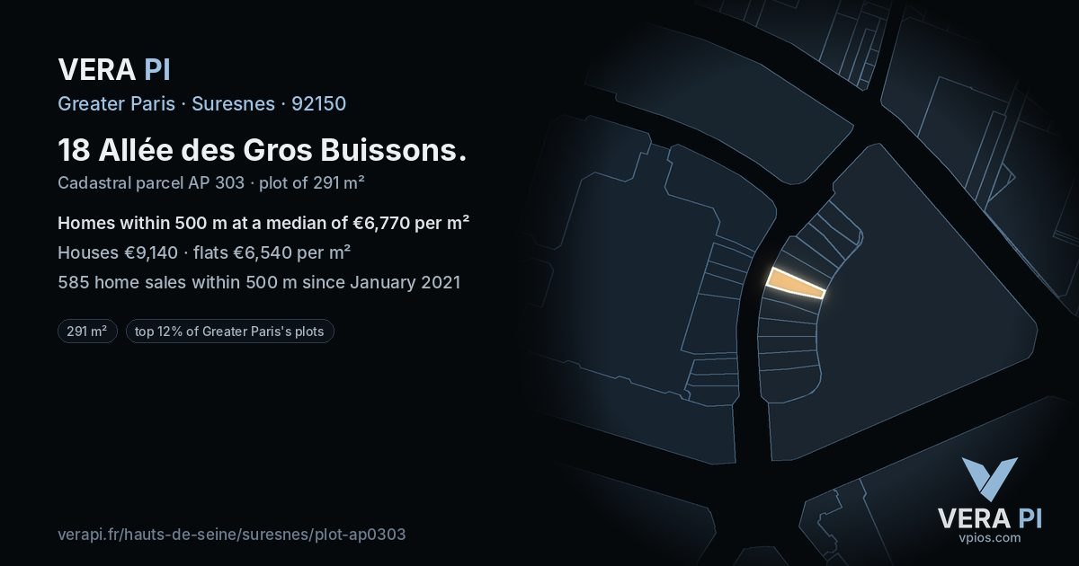 18 Allée des Gros Buissons, Suresnes at night – the plot lit, the parcels around coloured by the prices near them