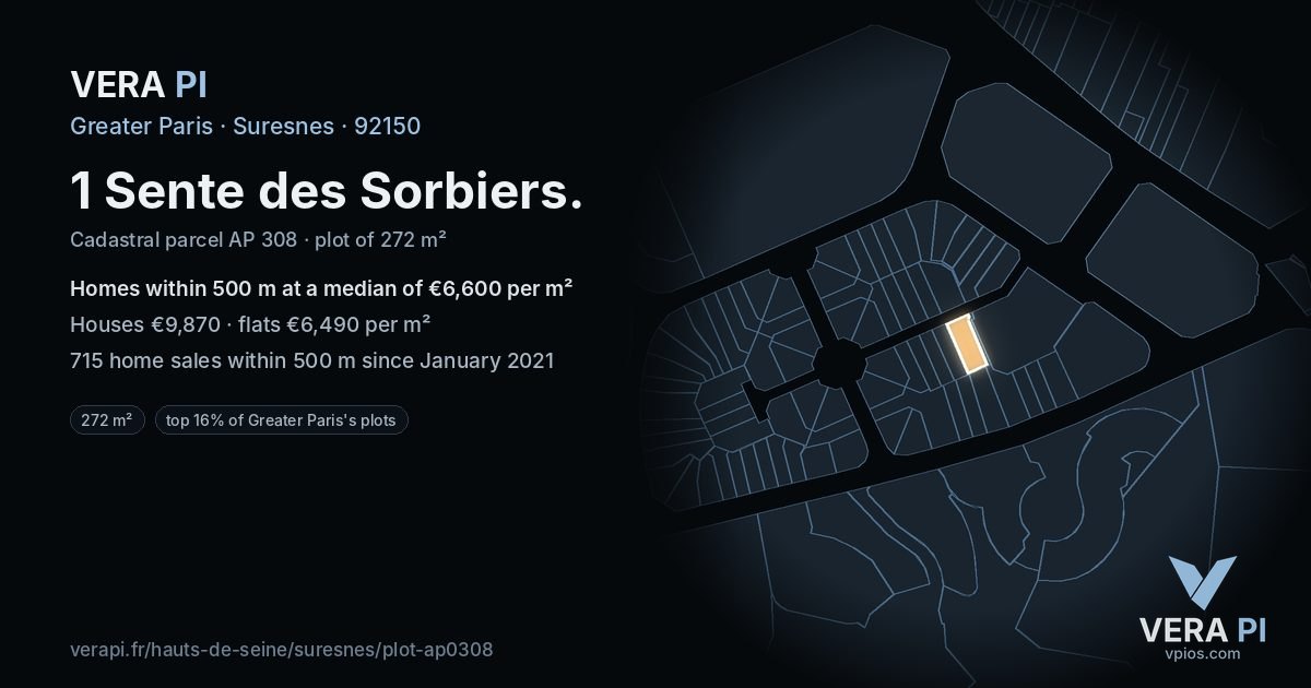 1 Sente des Sorbiers, Suresnes at night – the plot lit, the parcels around coloured by the prices near them