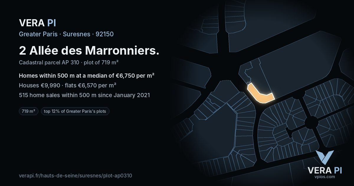 2 Allée des Marronniers, Suresnes at night – the plot lit, the parcels around coloured by the prices near them