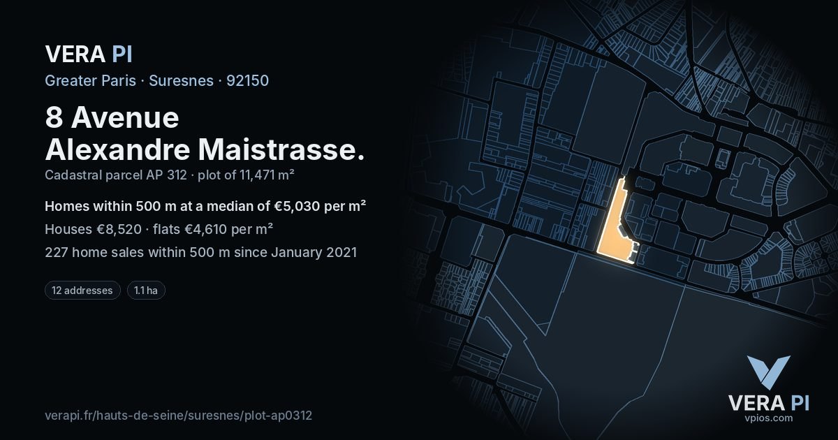 8 Avenue Alexandre Maistrasse, Suresnes at night – the plot lit, the parcels around coloured by the prices near them