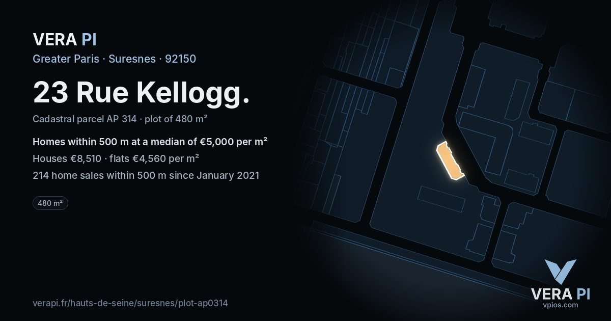 23 Rue Kellogg, Suresnes at night – the plot lit, the parcels around coloured by the prices near them