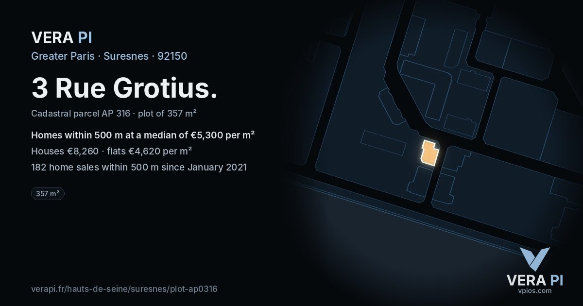 3 Rue Grotius, Suresnes at night – the plot lit, the parcels around coloured by the prices near them