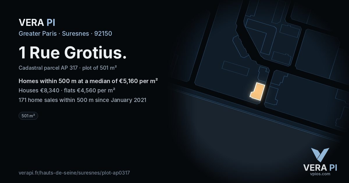 1 Rue Grotius, Suresnes at night – the plot lit, the parcels around coloured by the prices near them
