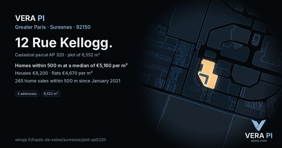 12 Rue Kellogg, Suresnes at night – the plot lit, the parcels around coloured by the prices near them