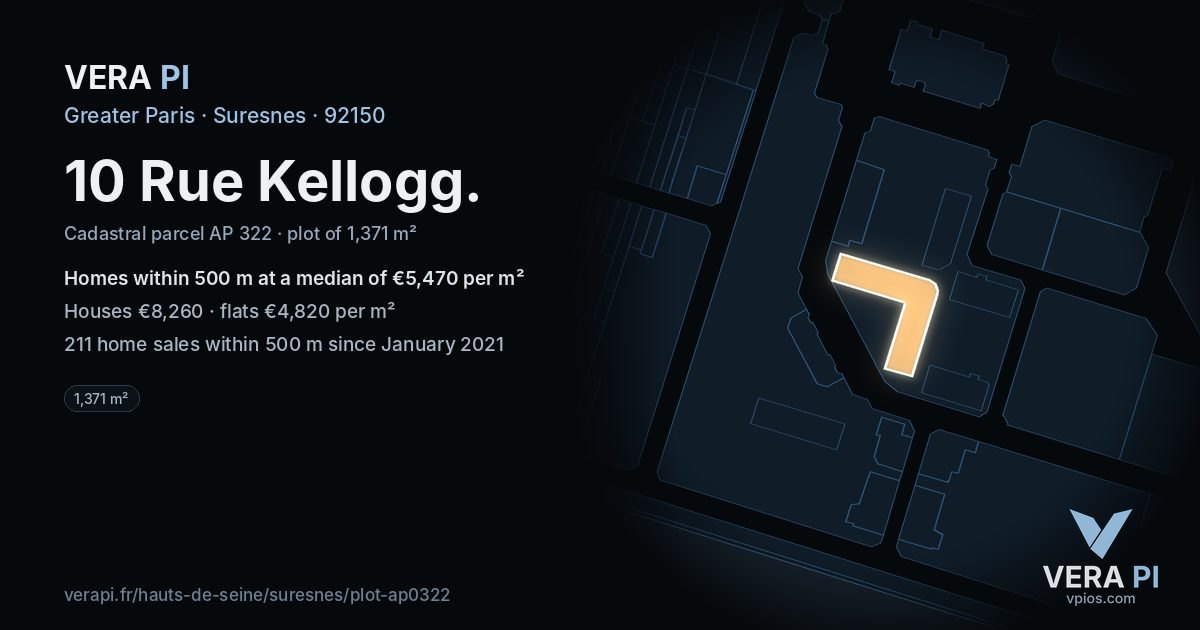 10 Rue Kellogg, Suresnes at night – the plot lit, the parcels around coloured by the prices near them