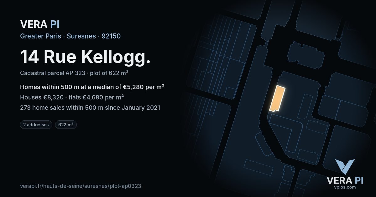 14 Rue Kellogg, Suresnes at night – the plot lit, the parcels around coloured by the prices near them