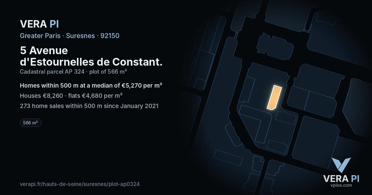 5 Avenue d'Estournelles de Constant, Suresnes at night – the plot lit, the parcels around coloured by the prices near them
